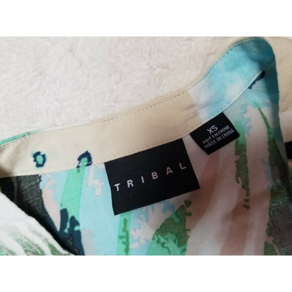 Tribal Women Abstract Print Button Down Tunic Top Shirt Size XS Blue 3/4 Sleeves - Picture 2 of 5